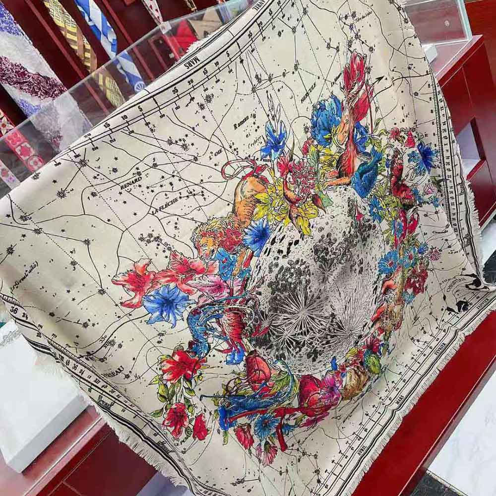 Detail of hand-rolled edges on Dior Women Zodiac Square Scarf