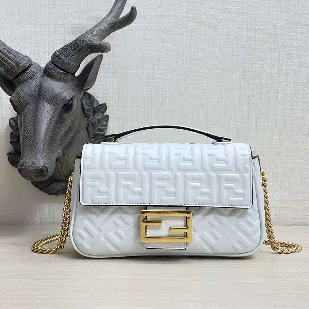 Fendi Women Baguette Chain Midi Light Gray Leather Bag-White - image 2