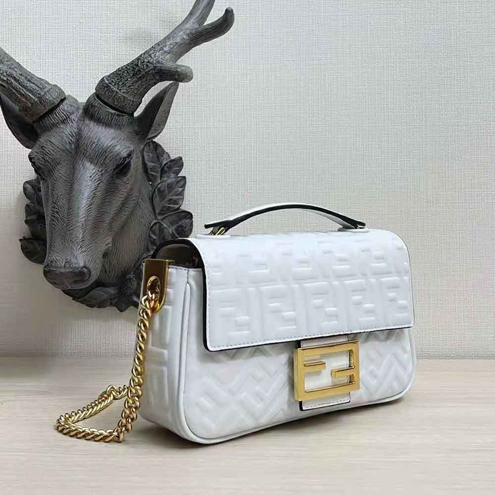 Fendi Women Baguette Chain Midi Light Gray Leather Bag-White - image 3