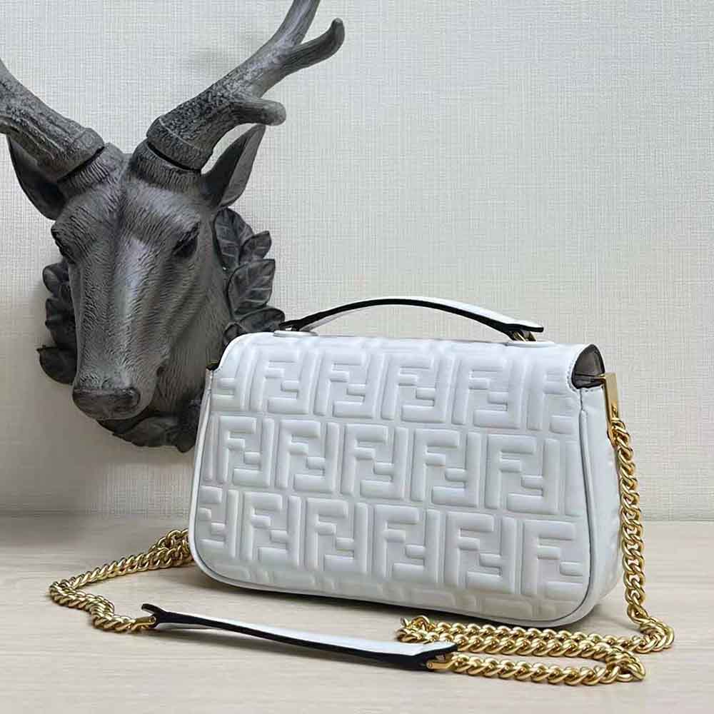 Fendi Women Baguette Chain Midi Light Gray Leather Bag-White - image 4