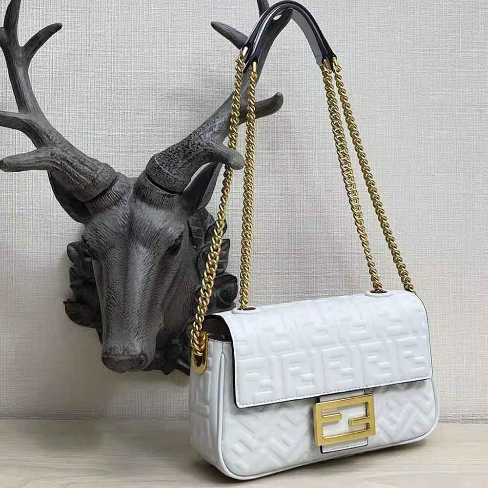 Fendi Women Baguette Chain Midi Light Gray Leather Bag-White - image 5