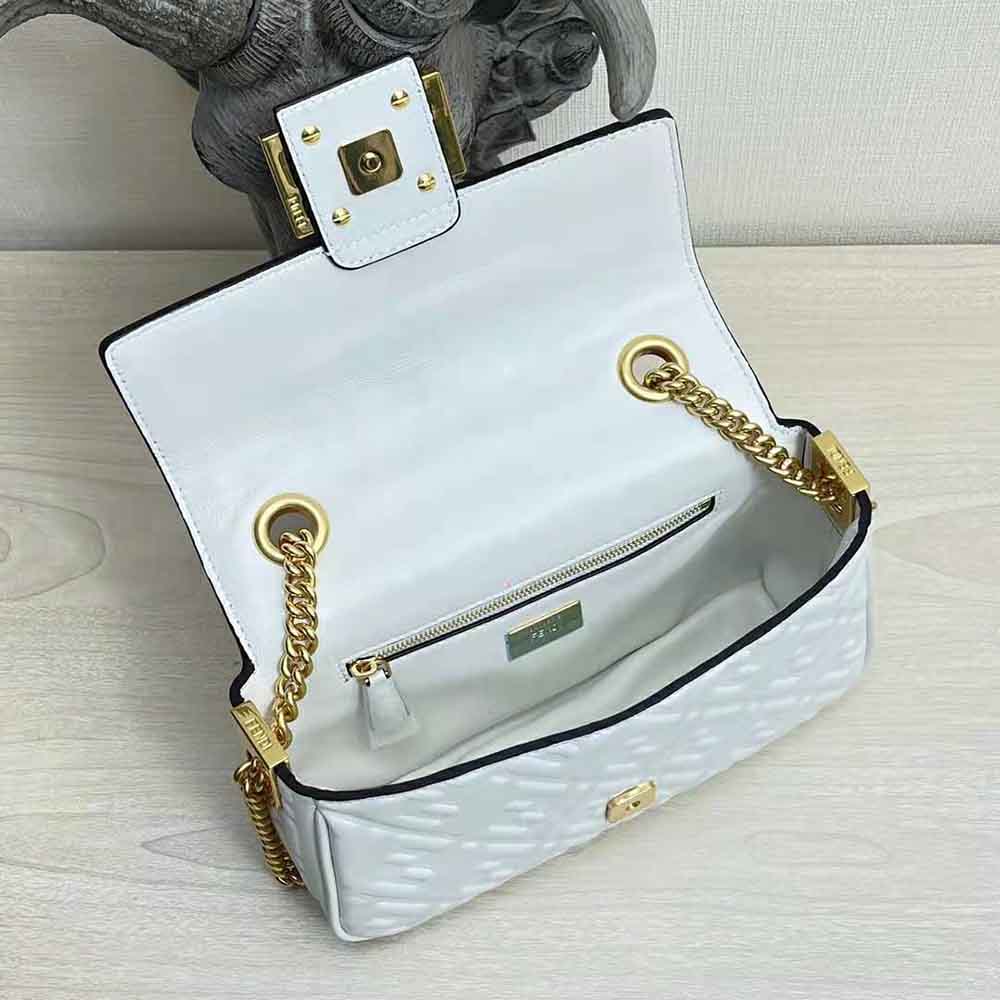 Fendi Women Baguette Chain Midi Light Gray Leather Bag-White - image 6