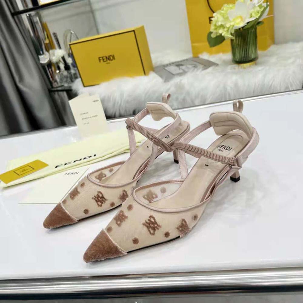 Fendi Women Colibri Lite Beige mesh and FF Karligraphy Medium-Heel Slingbacks - image 2