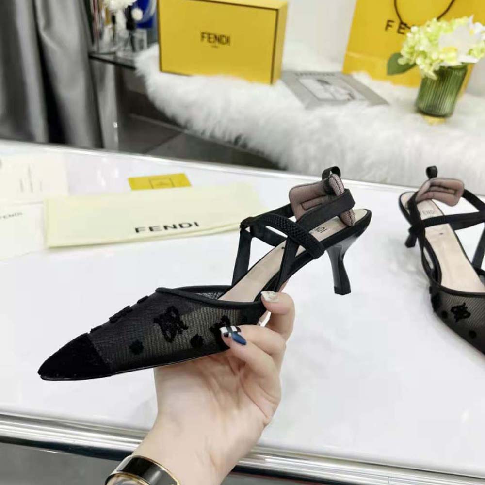 Fendi Women Colibri Lite Black mesh and FF Karligraphy Medium-Heel Slingbacks - image 5