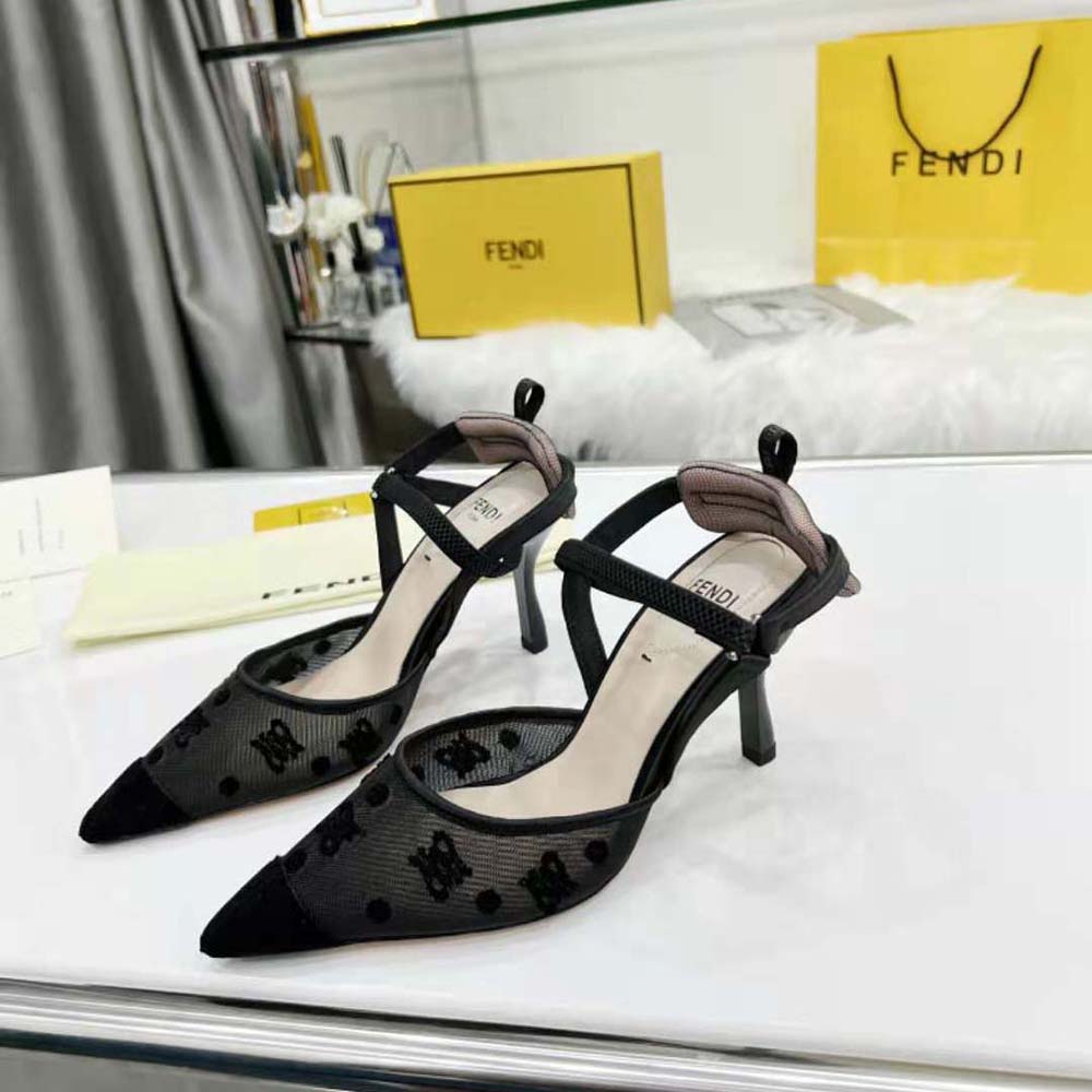 Fendi Women Colibri Lite High-Heeled Black Mesh and FF Karligraphy Slingbacks - image 2