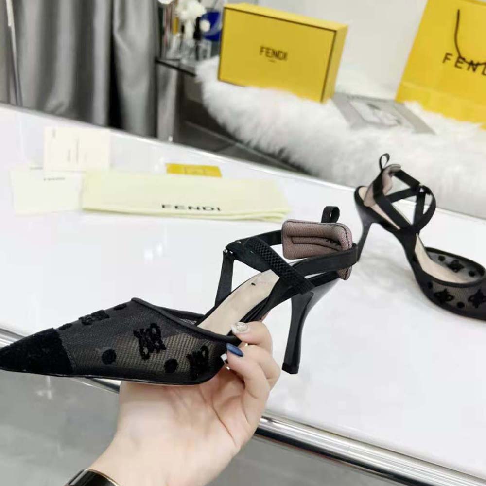 Fendi Women Colibri Lite High-Heeled Black Mesh and FF Karligraphy Slingbacks - image 7