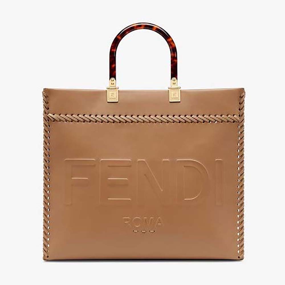 Fendi Women Sunshine Medium Brown Leather Shopper with Decorative Stitching - image 1