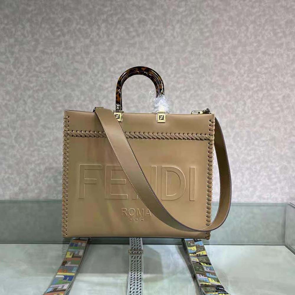 Fendi Women Sunshine Medium Brown Leather Shopper with Decorative Stitching - image 2