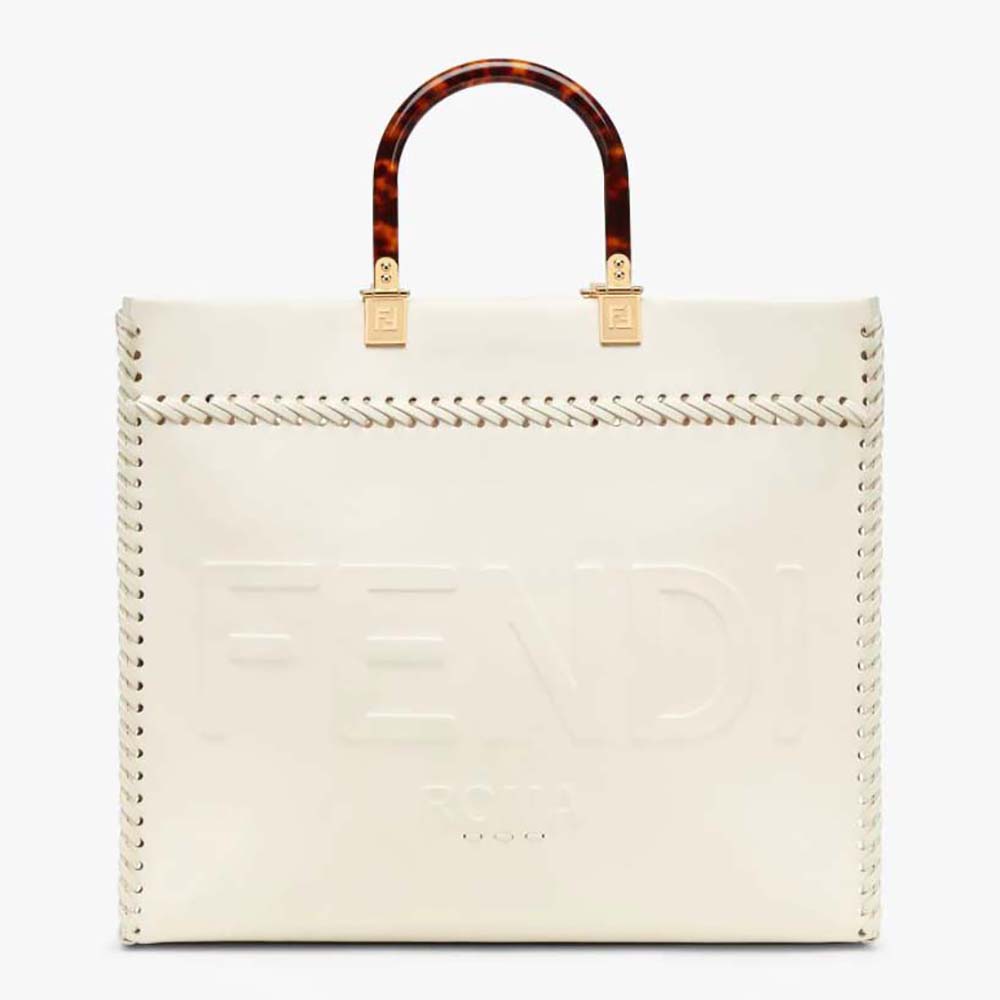 Fendi Women Sunshine Medium White Leather Shopper with Decorative Stitching - image 1