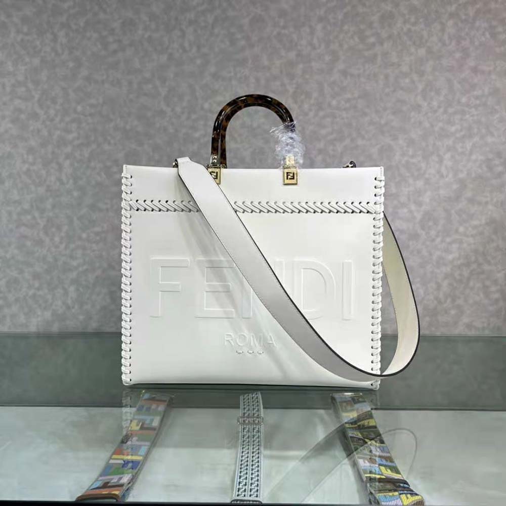 Fendi Women Sunshine Medium White Leather Shopper with Decorative Stitching - image 2