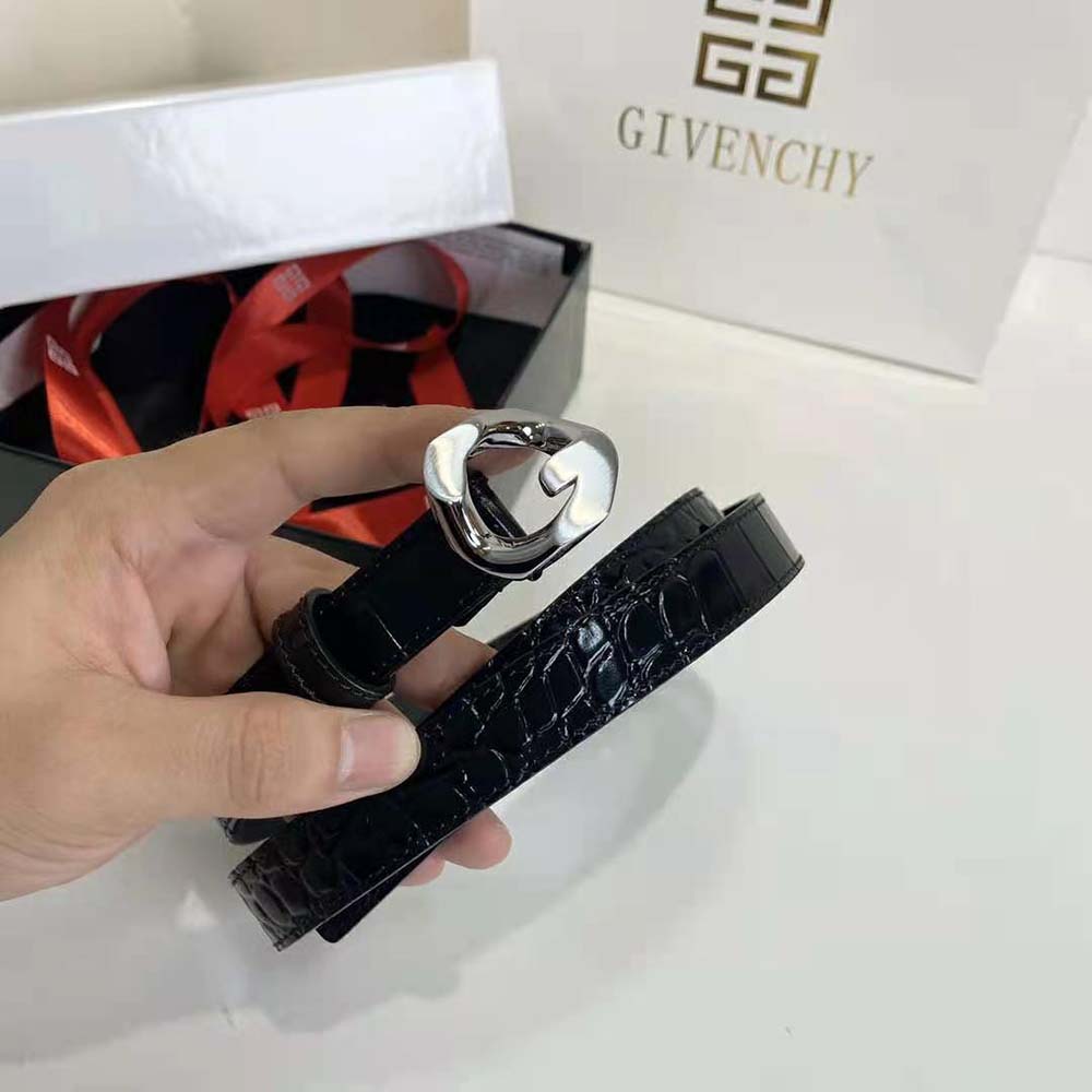 Side view showing polished G Chain buckle on Givenchy belt