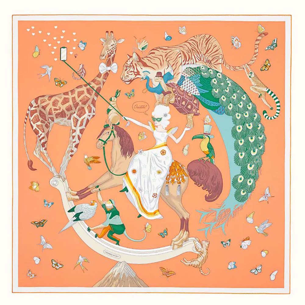 Hermes Women Story Scarf 90 in Silk Twill vibrant orange full view