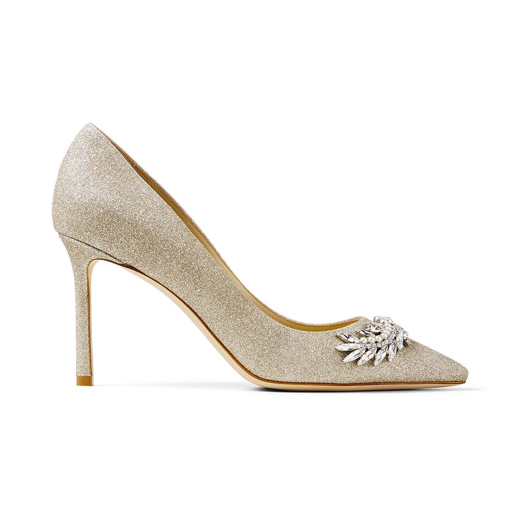 Side view of Jimmy Choo Women Romy 85 Platinum Ice Dusty Glitter Pointed-Toe Pumps