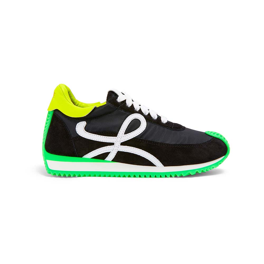 Side profile of Loewe Women Flow Runner in Nylon and Suede-Black