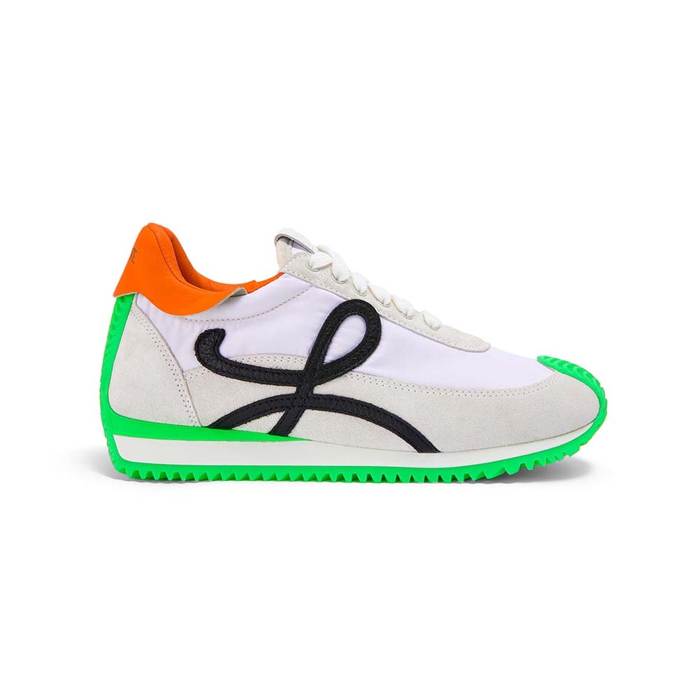 Side view of Loewe Women Flow Runner in Nylon and Suede-Lime