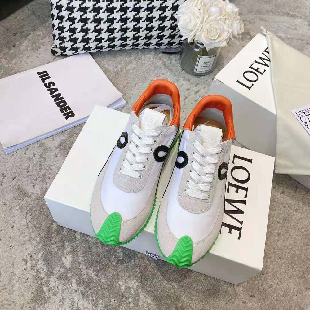 Close-up on lime suede and nylon texture of Loewe Women Flow Runner