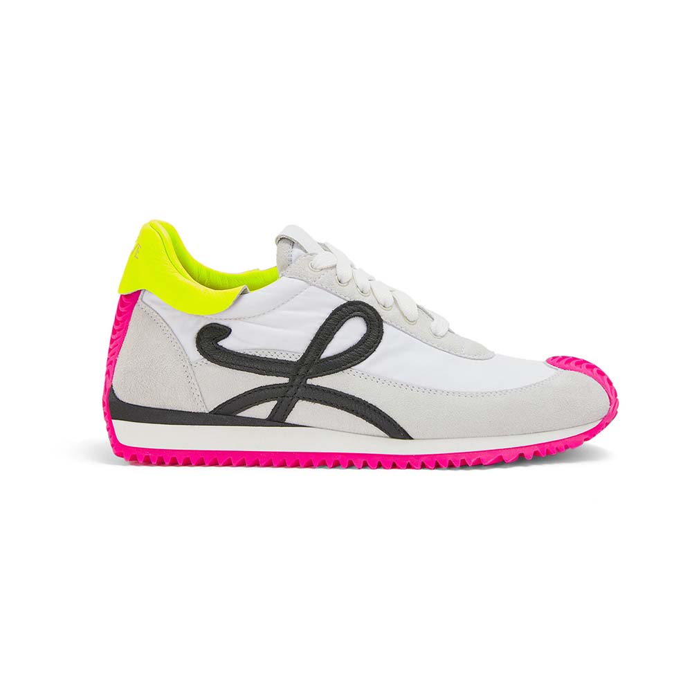 Side view of Loewe Women Flow Runner in Nylon and Suede-Pink sneakers