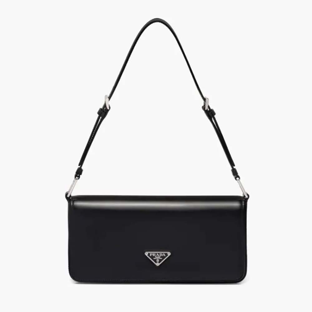 Front view of Prada Women Brushed Leather Prada Femme Bag-Black