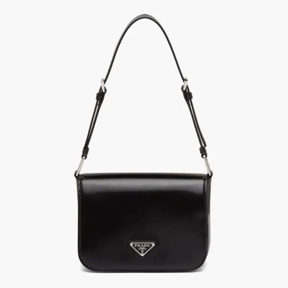 Front view of Prada Women Brushed Leather Shoulder Bag-Black with flap closed