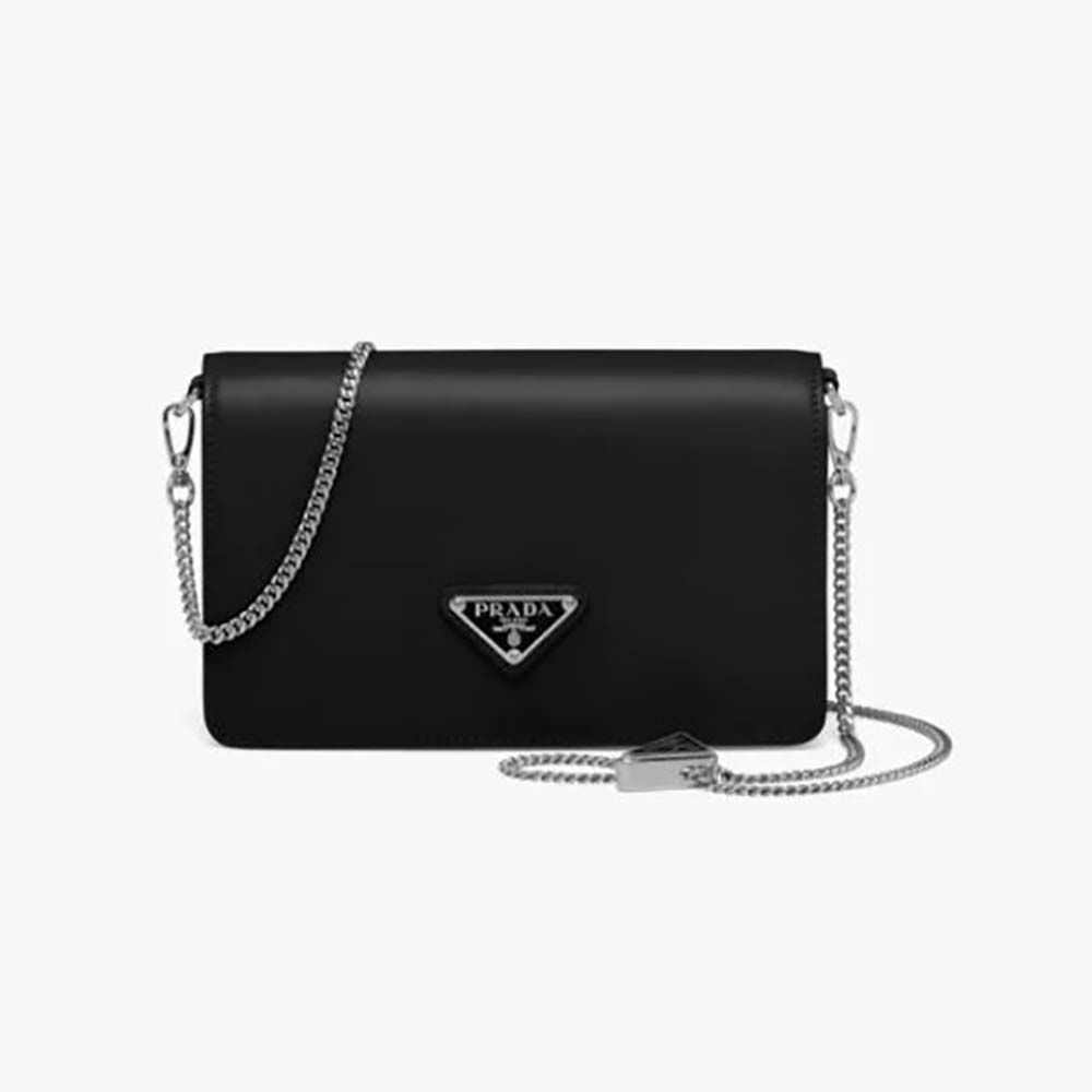 Front view of Prada Women Brushed Leather Shoulder Bag-Black