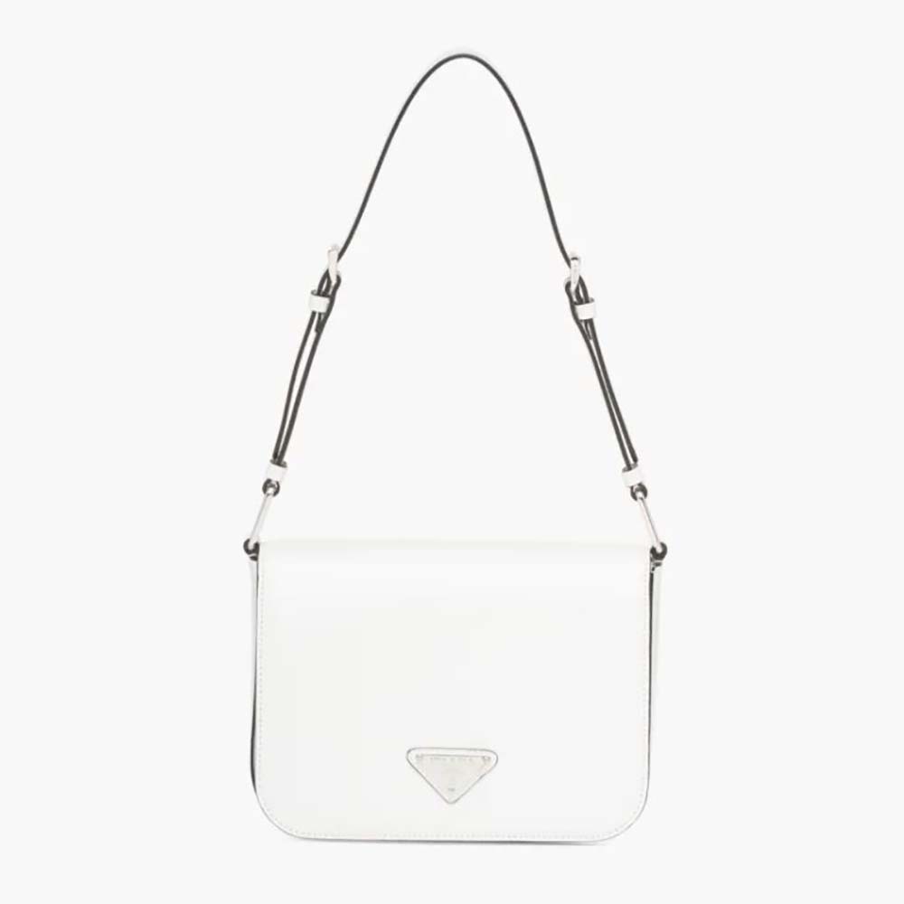 Front view of Prada Women Brushed Leather Shoulder Bag-White with flap closed