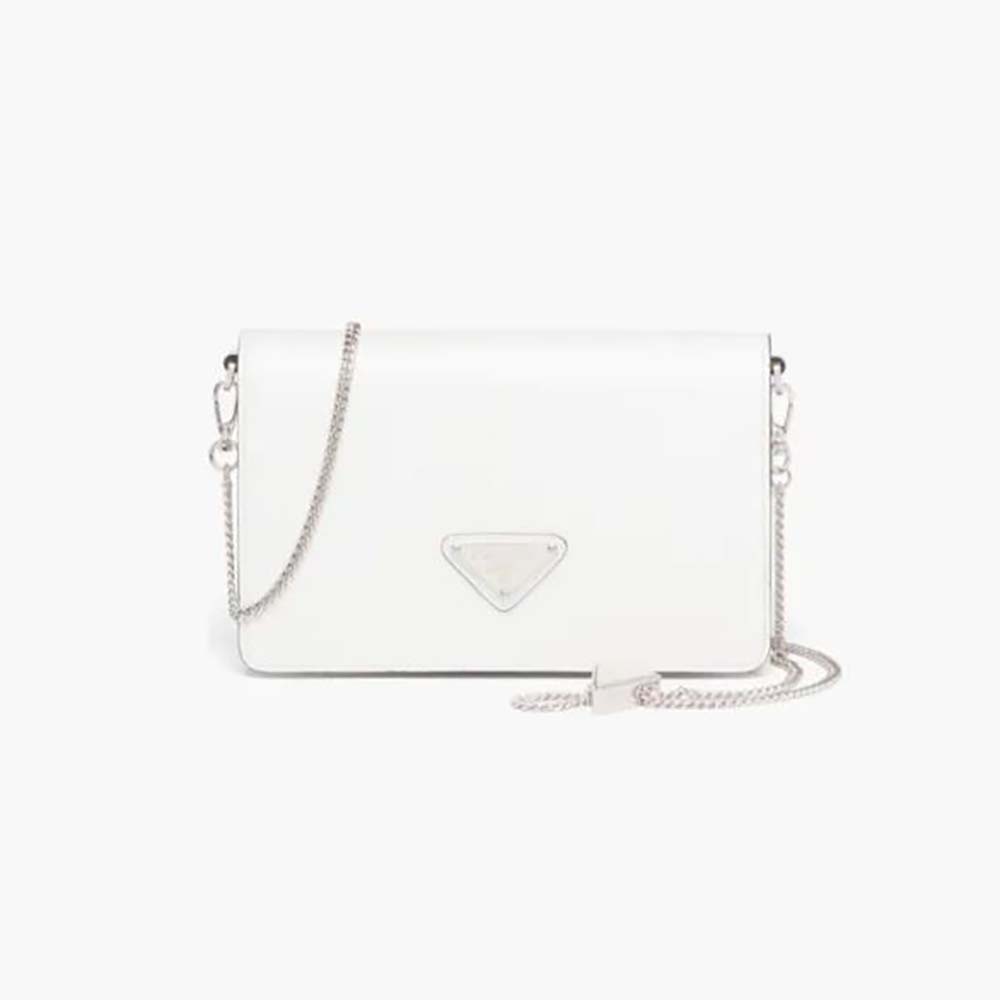 Front view of Prada Women Brushed Leather Shoulder Bag-White showing flap closure