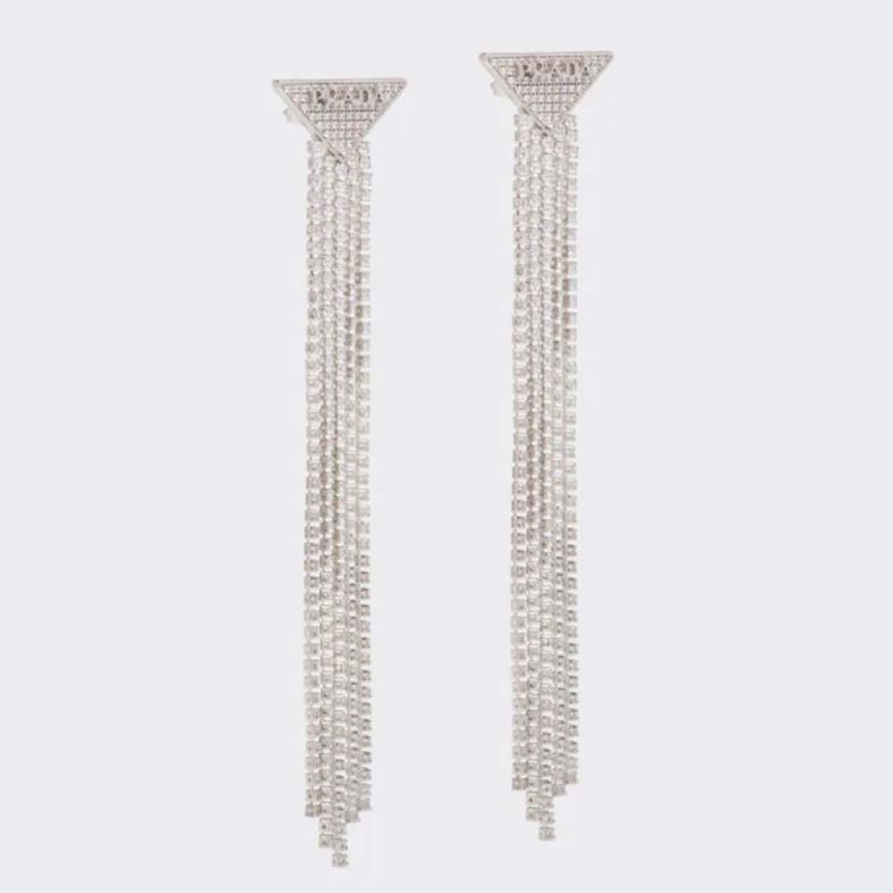 Front view of Prada Women Crystal Logo Jewels Zirconia Earrings showcasing crystal logo