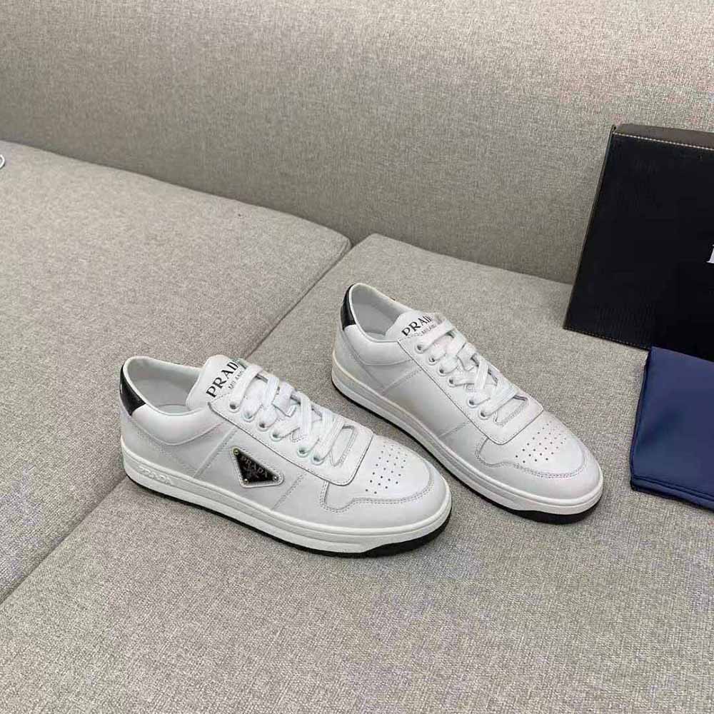 Top-down angle of Prada Women Downtown Perforated Leather Sneakers-White with visible perforated texture