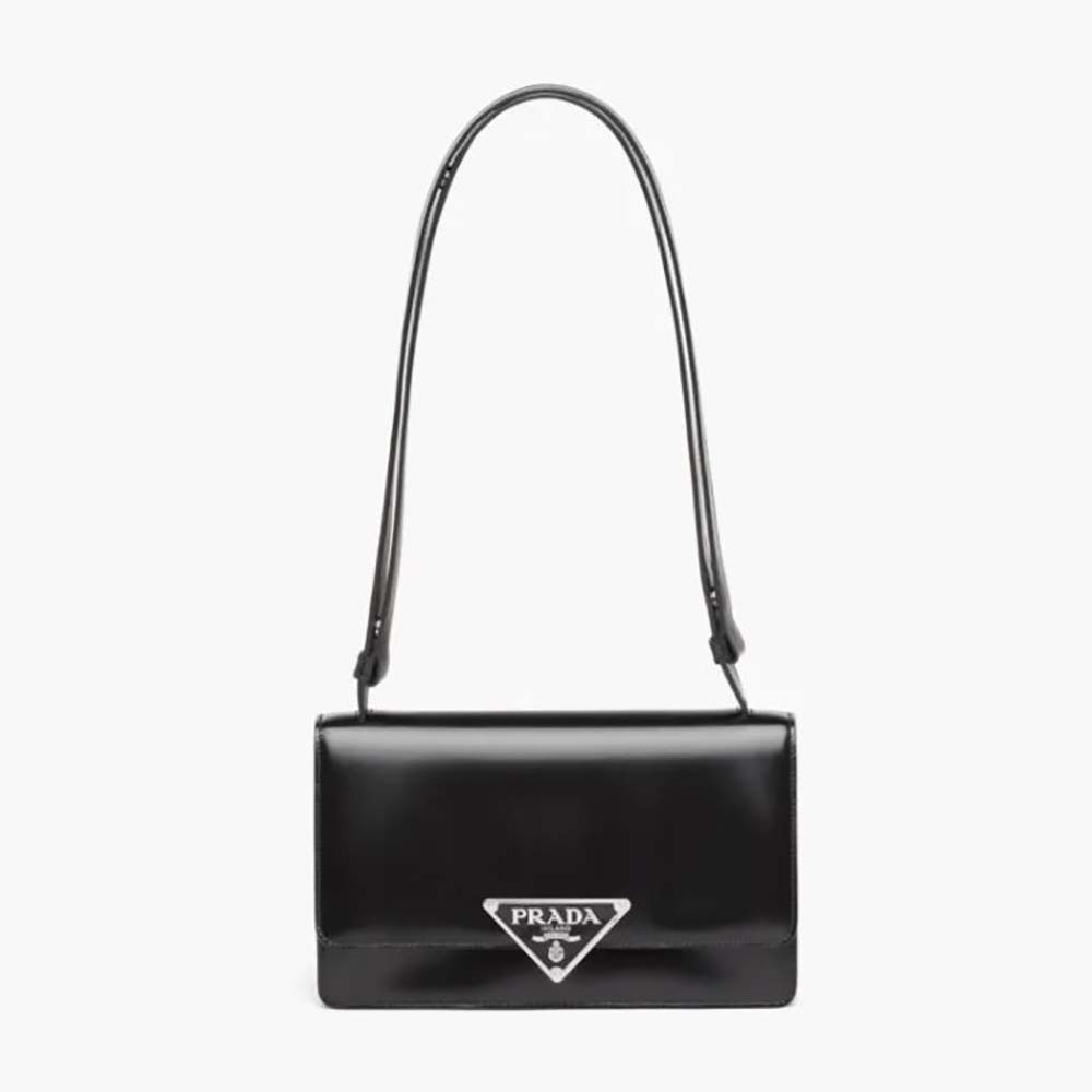 Front view of Prada Women Embleme Brushed-Leather Bag-Black with gold hardware