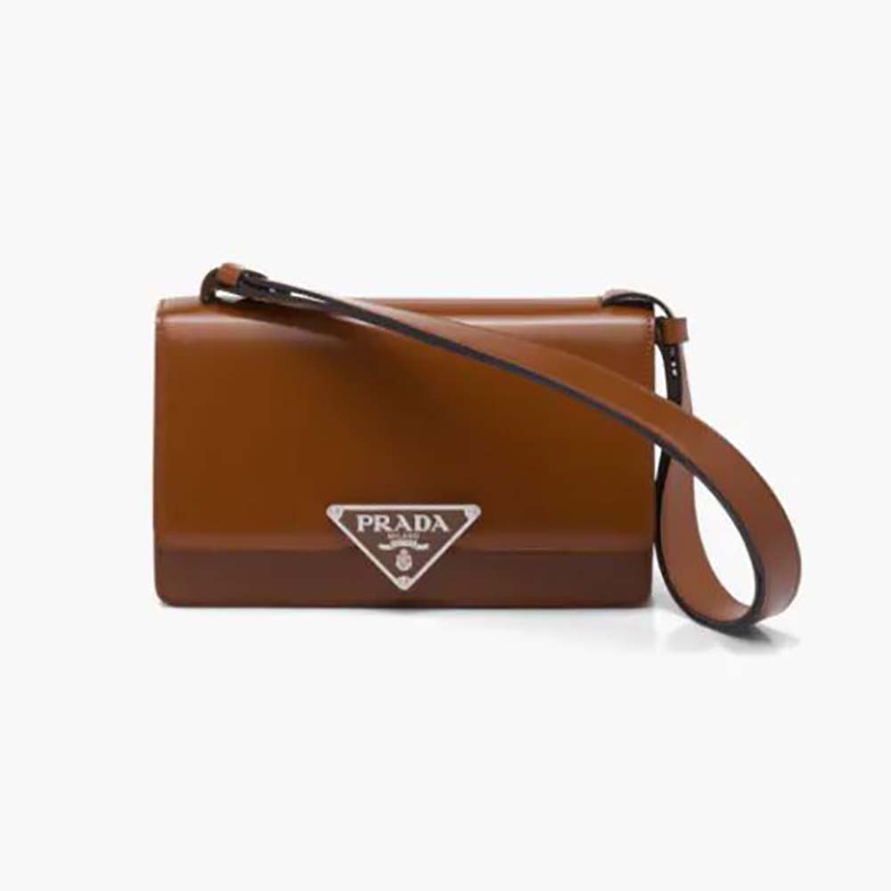 Front view of Prada Women Embleme Brushed-Leather Bag-Brown with emblem detail