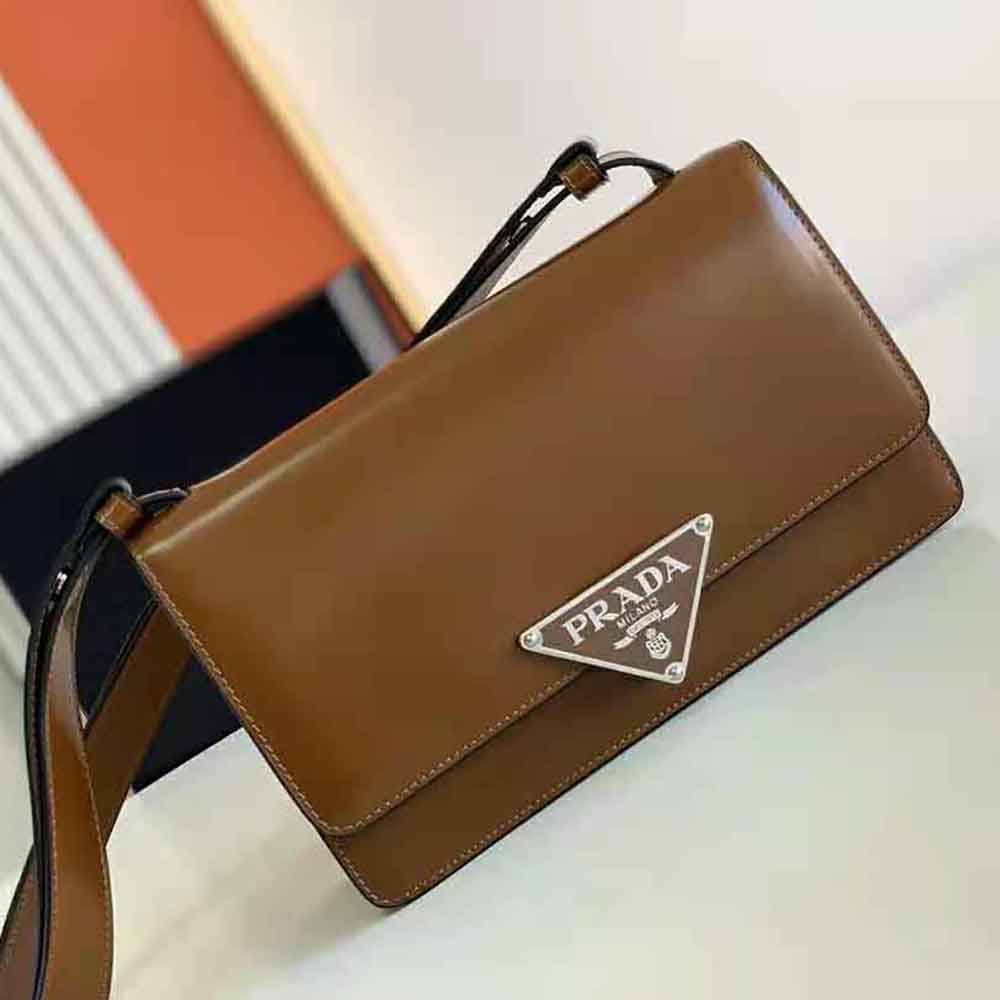Close-up of gold-tone emblem on Prada Women Embleme Brushed-Leather Bag-Brown