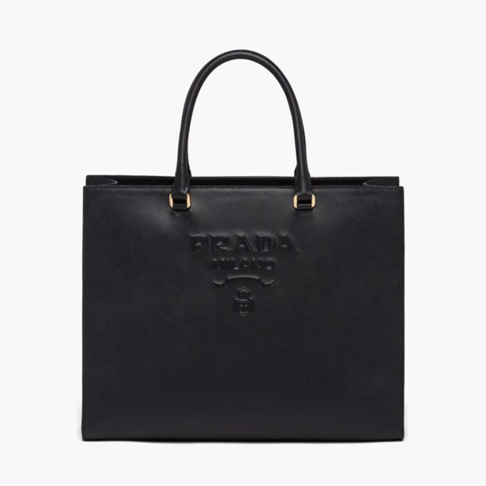 Front view of Prada Women Large Saffiano Leather Handbag-Black with zipper