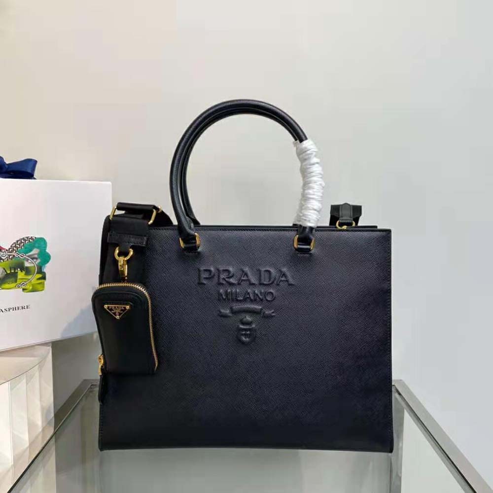 Close-up of textured Saffiano leather and silver hardware detail