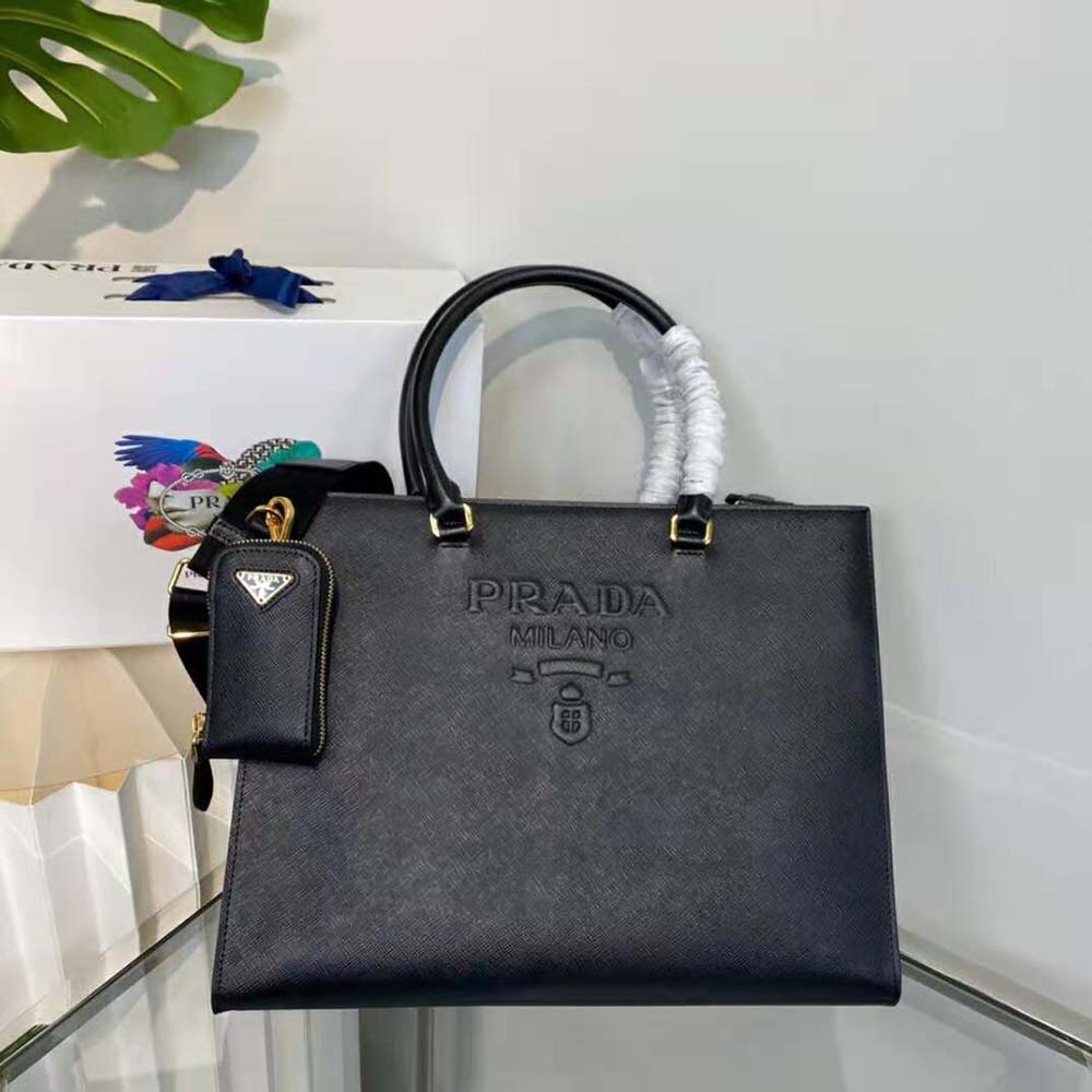 Side angle showing spacious interior of Prada Women Large Saffiano Leather Handbag