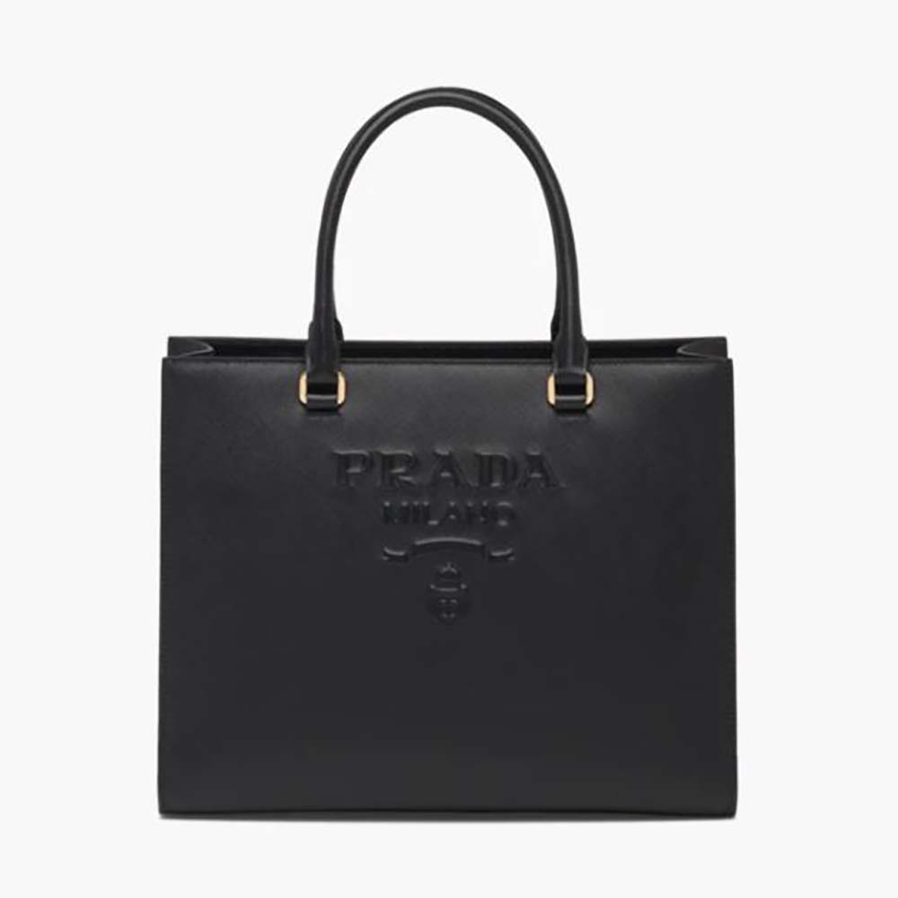Front view of Prada Women Medium Saffiano Leather Handbag-Black showing logo
