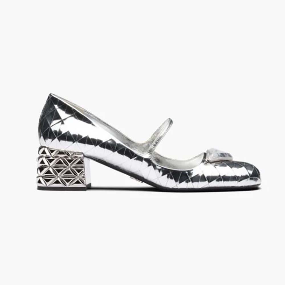 Side view of Prada Women Metallic Leather Pumps in 45mm Heel Height-Silver