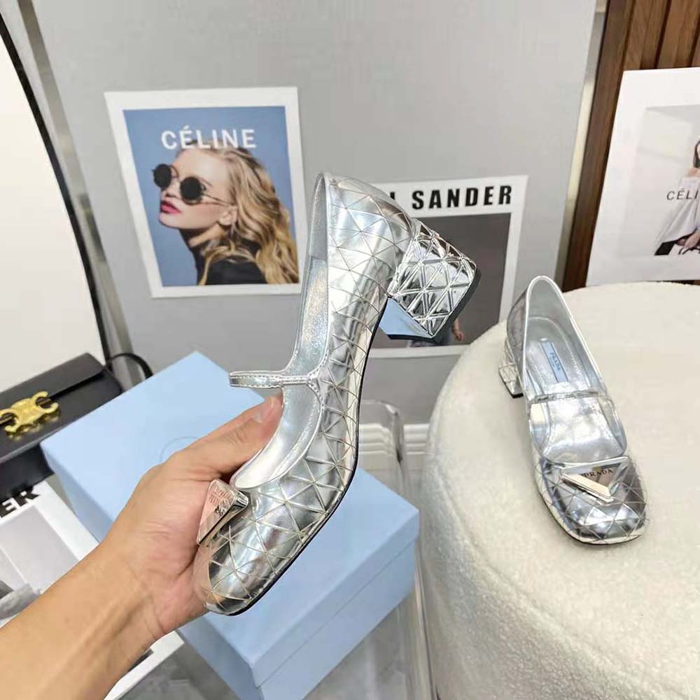 Prada Women Metallic Leather Pumps in 45mm Heel Height-Silver - image 6
