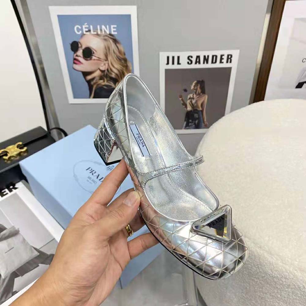 Prada Women Metallic Leather Pumps in 45mm Heel Height-Silver - image 9