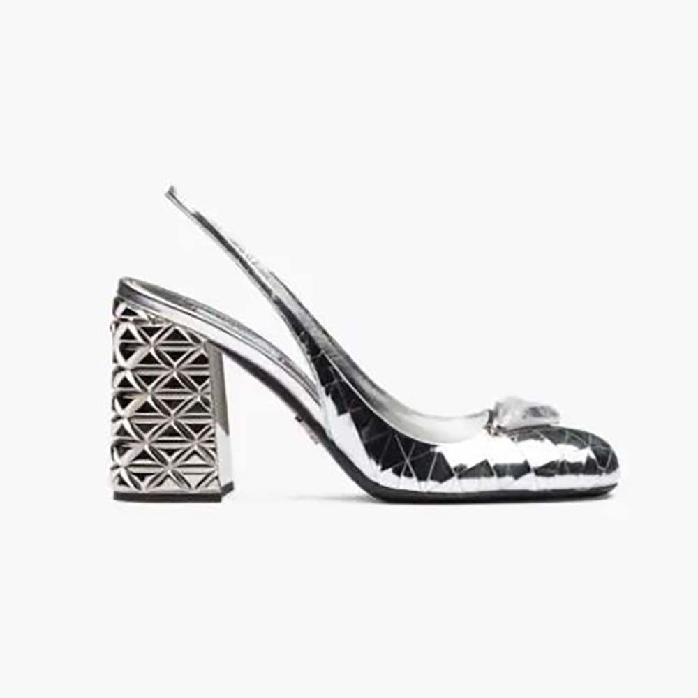Side profile of Prada Women Metallic Leather Slingback Pumps-Silver