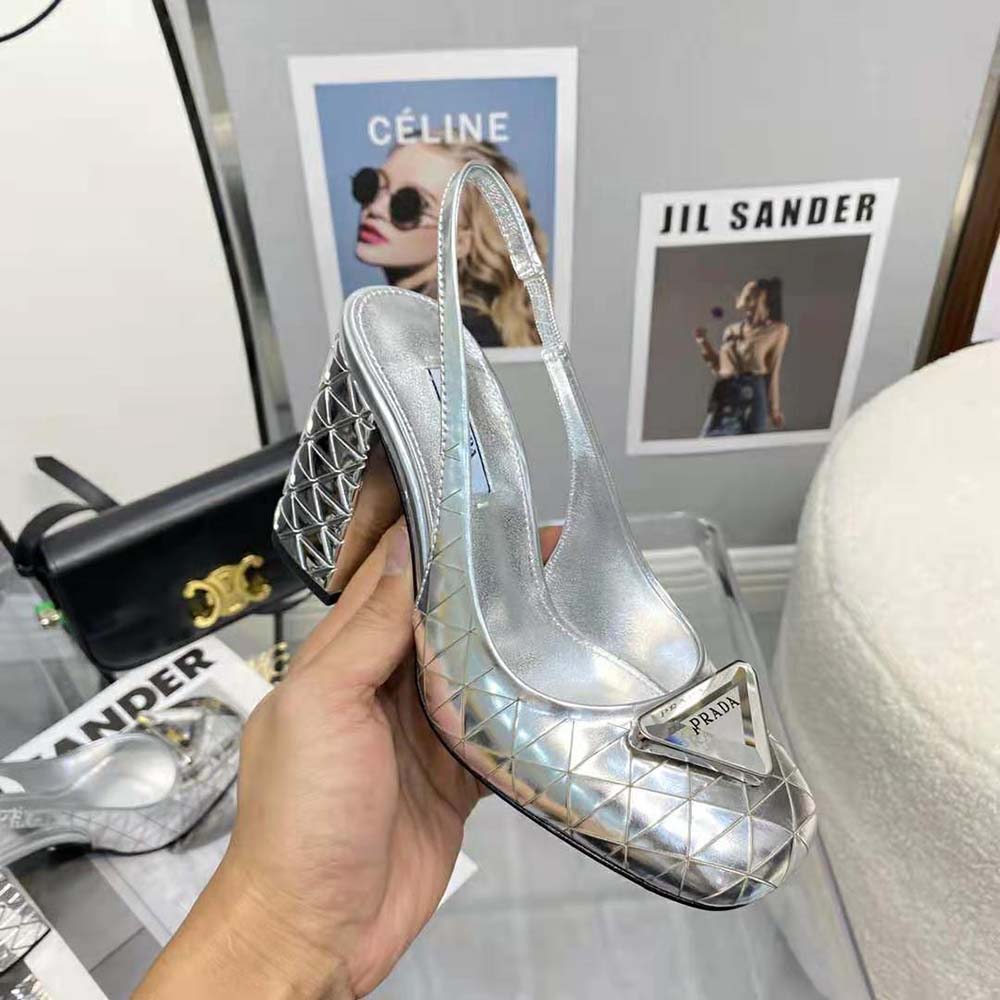 Prada Women Metallic Leather Slingback Pumps-Silver - image 9