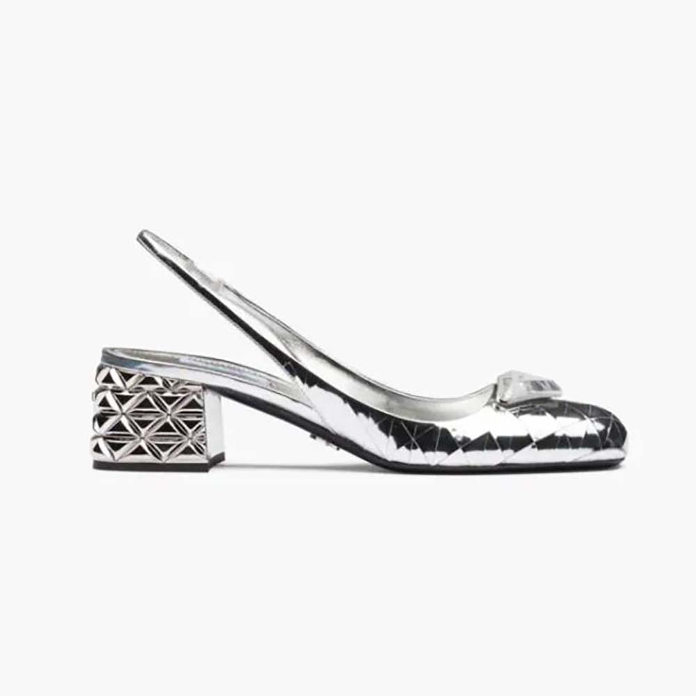 Side view of Prada Women Metallic Leather Slingback Pumps in Silver