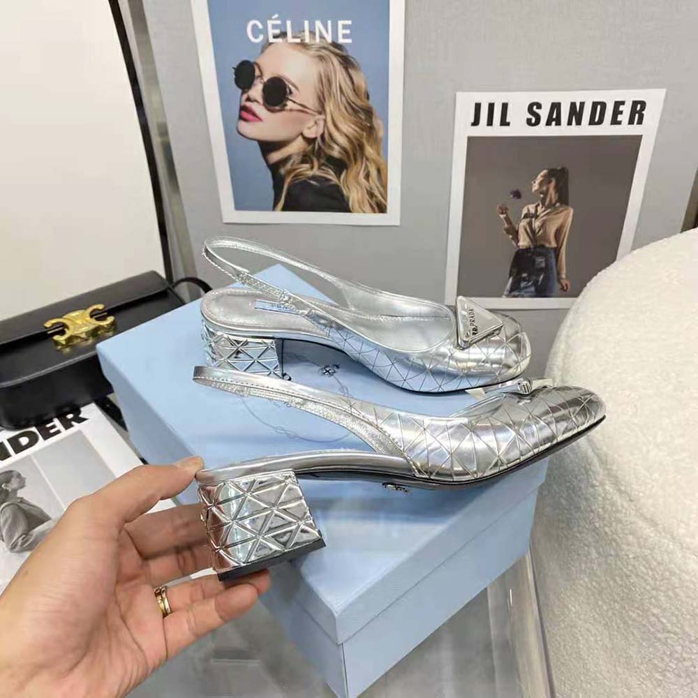 Prada Women Metallic Leather Slingback Pumps in 45mm Heel Height-Silver - image 6