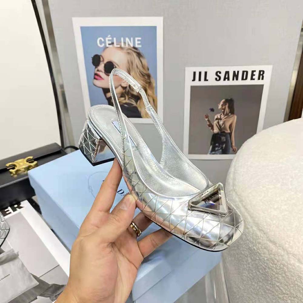Prada Women Metallic Leather Slingback Pumps in 45mm Heel Height-Silver - image 8