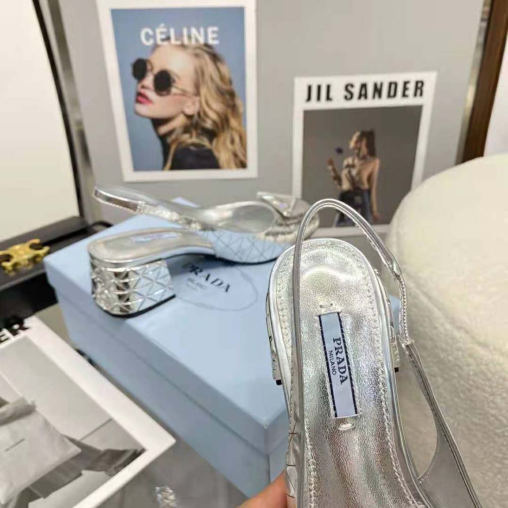 Prada Women Metallic Leather Slingback Pumps in 45mm Heel Height-Silver - image 9