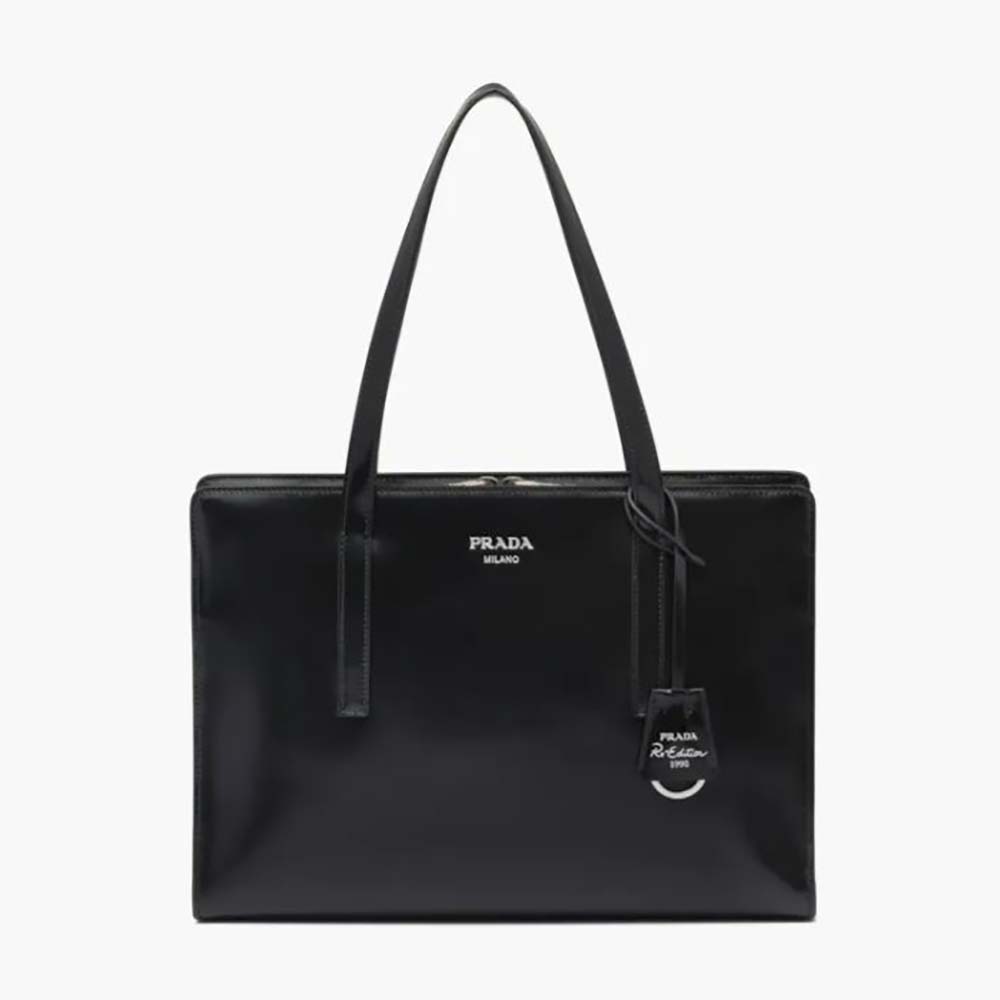 Front view of Prada Women Re-Edition 1995 Brushed-Leather Medium Handbag-Black