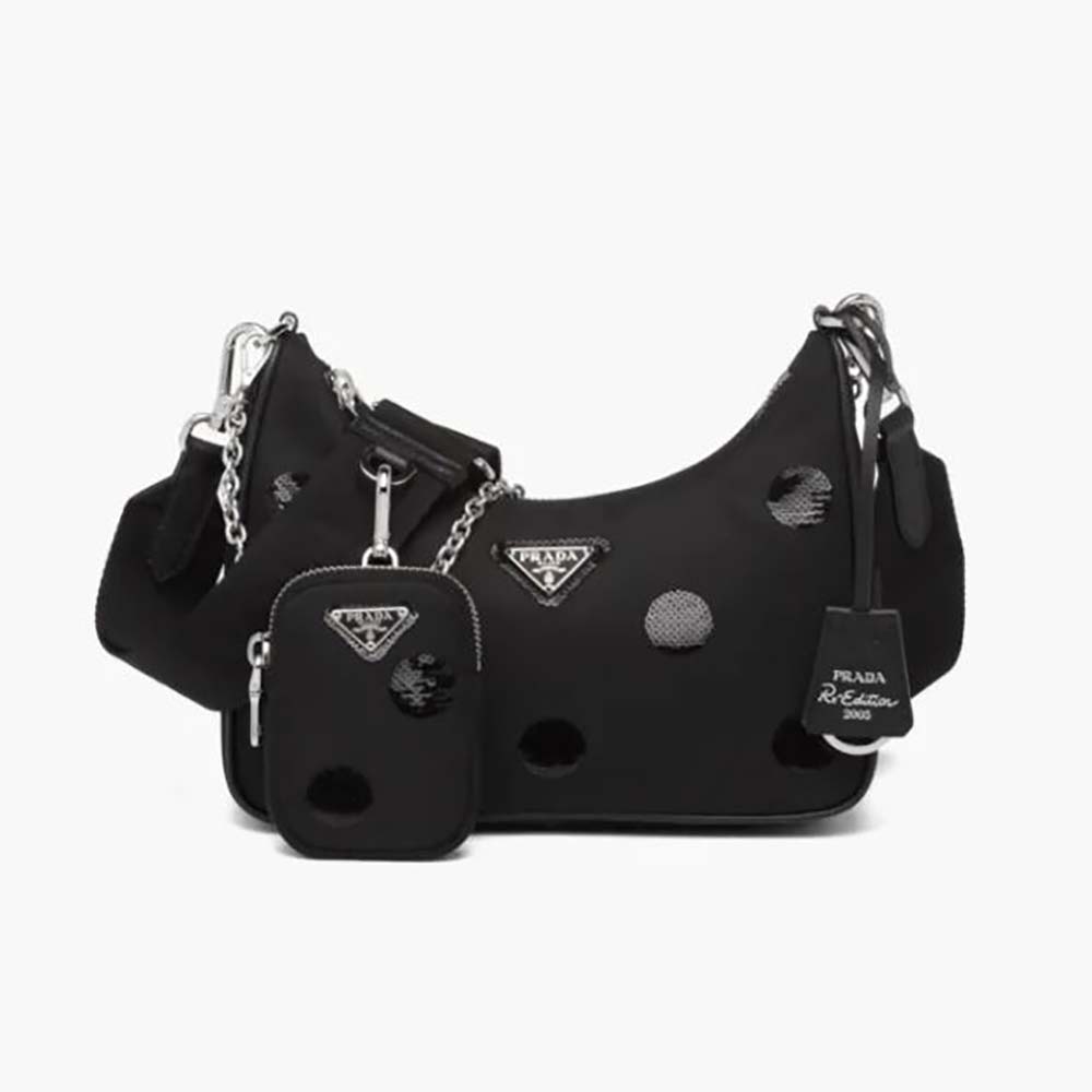 Front view of Prada Women Re-Edition 2005 Re-Nylon Polka-Dot Bag in black