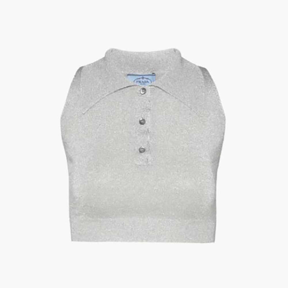 Front view of Prada Women Ribbed Knit Lurex Crop Top-Silver showing shimmer