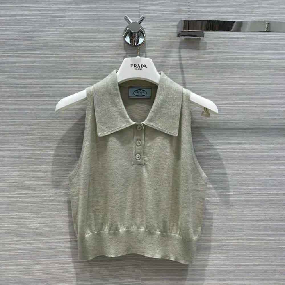 Close-up on ribbed knit texture of Prada Women Ribbed Knit Lurex Crop Top-Silver