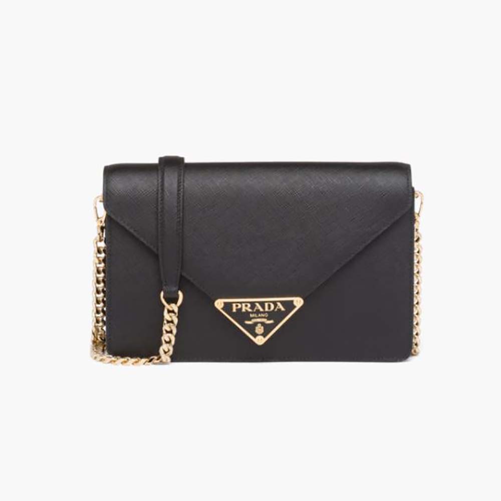 Front view of Prada Women Saffiano Leather Shoulder Bag-Black with gold hardware