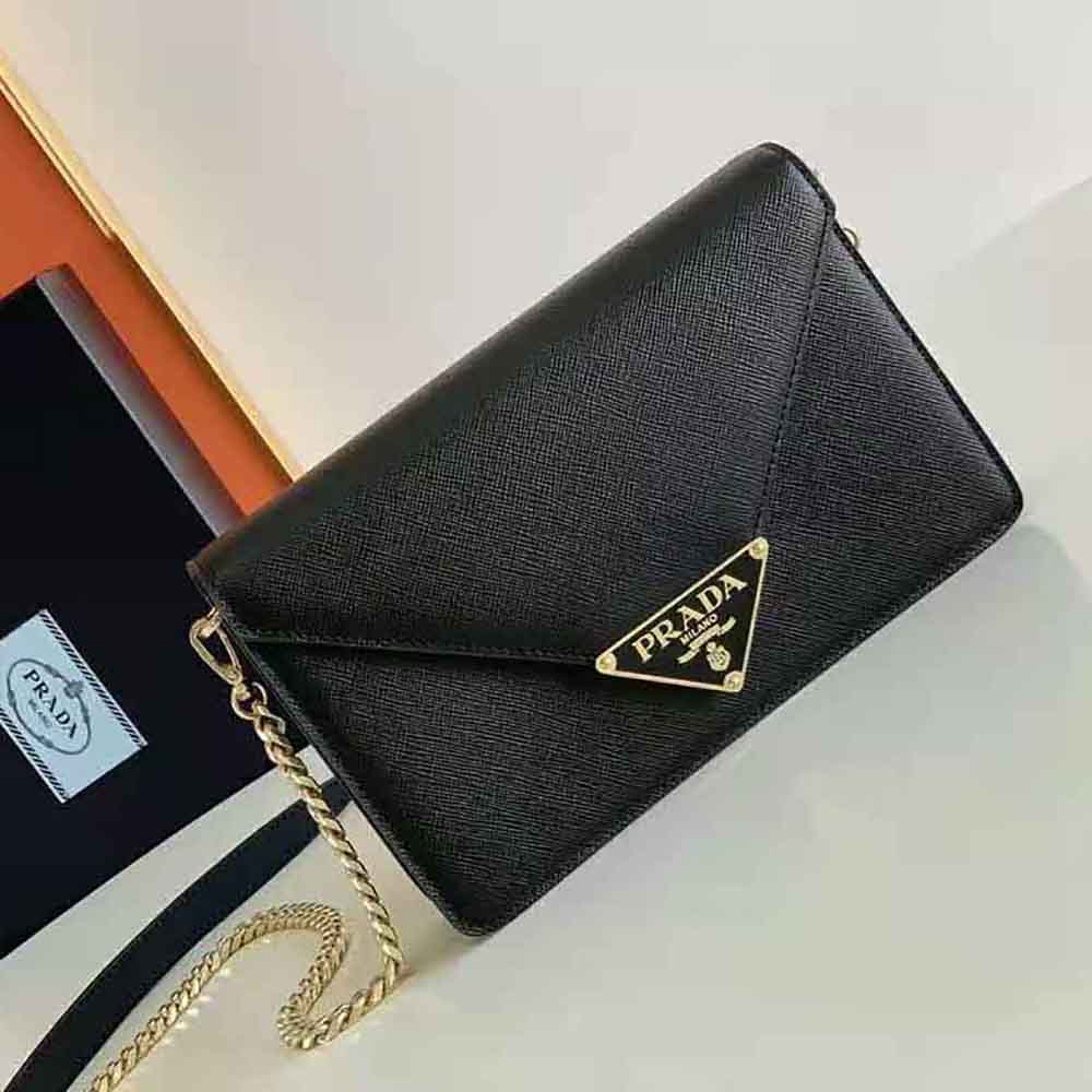 Close-up of textured saffiano leather on Prada Women Saffiano Leather Shoulder Bag-Black